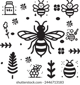 Monochrome Bee-Themed Pattern Featuring a Central Illustrated Bee With Surrounding MotifsA monochrome pattern showcases a central, illustrated bee prominently featured in the center, surrounded by 