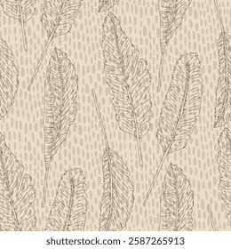 Monochrome beige banana leaves seamless pattern. Jungle beige foliage endless background. Retro continuous ornament. Surface pattern design tropical motif for digital paper. Vector illustration.