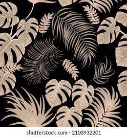 Monochrome beige color tropical jungle palm tree leaves seamless vector pattern.  Botany background, jungle  wallpaper 