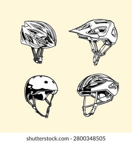Monochrome bicycle helmets vector illustration set