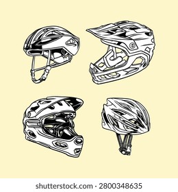 Monochrome bicycle helmets vector illustration set