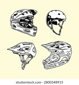 Monochrome bicycle helmets vector illustration set