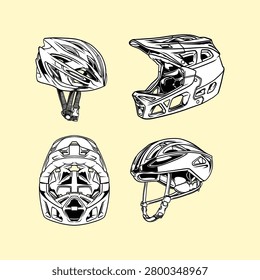 Monochrome bicycle helmets vector illustration set