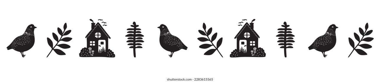 Monochrome bird bordure, edging of wildlife trim for botanical linear strip. 