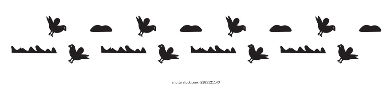 Monochrome bird bordure, edging of wildlife trim for botanical linear strip. 