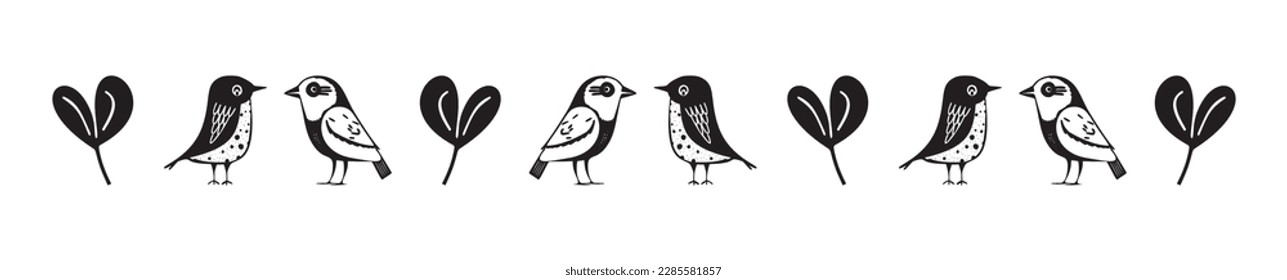 Monochrome bird bordure, edging of wildlife trim for botanical linear strip. 