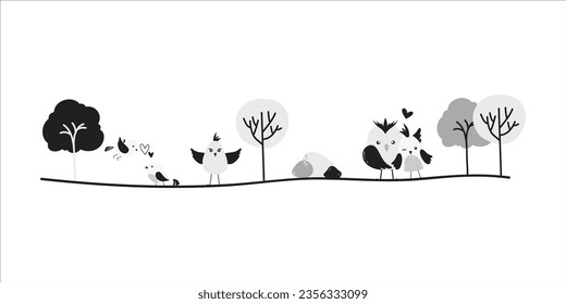 Monochrome Bird Divider, spring border, divider element. Isolated on white background. Vector illustration