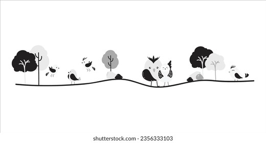 Monochrome Bird Divider, spring border, divider element. Isolated on white background. Vector illustration