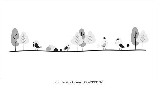 Monochrome Bird Divider, spring border, divider element. Isolated on white background. Vector illustration