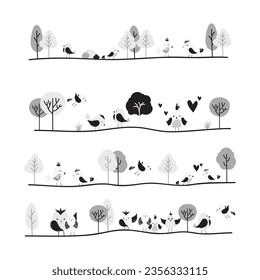 Monochrome Bird Divider, spring border, divider element. Isolated on white background. Vector illustration