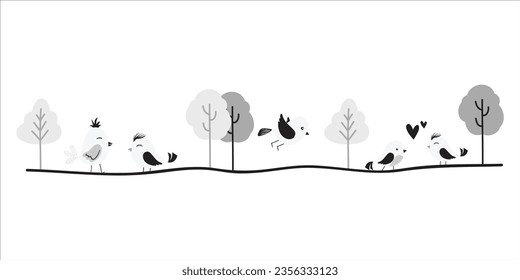 Divisor de pájaro monocromo, borde de resorte, elemento divisor. Aislado sobre fondo blanco. Ilustración del vector