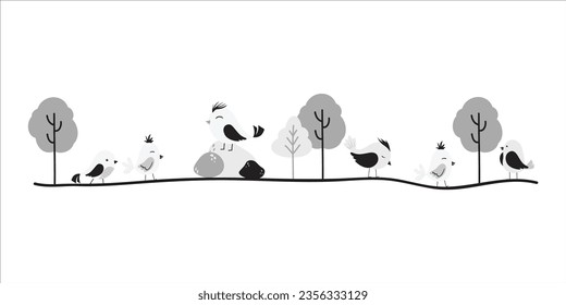 Divisor de pájaro monocromo, borde de resorte, elemento divisor. Aislado sobre fondo blanco. Ilustración del vector