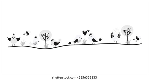 Monochrome Bird Divider, spring border, divider element. Isolated on white background. Vector illustration