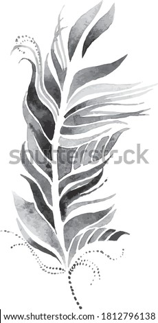 monochrome bird feather illustration textured paper watercolor vector art / boho feather ethnic tribal art gray color / native american inspired artwork / indian myphology animal decorative ornament