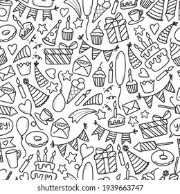 monochrome birthday pattern with cute hand drawn doodles. Perfect for prints, wrapping paper, wallpaper, backgrounds, coloring pages, textile, scrapbooking, etc. EPS 10