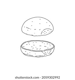 Monochrome bitten burger bun cut in half, vintage sketch style vector illustration isolated on white background. Baked burger or hamburger round bun halves.