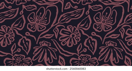 Monochrome black and burgundy brush strokes inky flowers seamless pattern. Abstract loose floral contemporary background. Textured botanical minimalist wallpaper