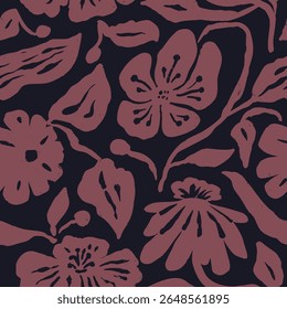 Monocromático preto e borgonha escova traça flores de tinta padrão sem costura. Resumo folgado floral contemporâneo fundo. Texturizado papel de parede botânico minimalista