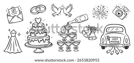Monochrome black hand drawn wedding icons including cake; dress; car; rings; doves; camera and fireworks. Perfect for stylish invitations; branding or digital wedding kits.