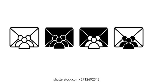 Paquete de ícono negro monocromo que muestra el correo electrónico y la persona, que simboliza la lista de Suscriptores, el crecimiento de la audiencia y las imágenes de comunicación de los Clientes.