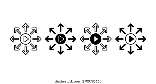 Ícone preto monocromático de botão de reprodução com seta, representando distribuição digital, compartilhamento de vídeo e visuais de marketing online.
