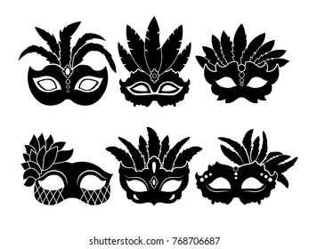 Monochrome black illustrations of carnival masks isolated on white background. Carnival and masquerade mask vector