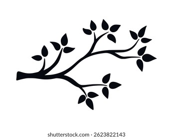 Monochrome black leafy tree clip art. Silhouette of branch with leaves flat style. Botanical natural hand drawn icon, vector element