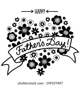 Monochrome black little flowers romantic botanical heart shape on white background with banner Happy Father's Day card