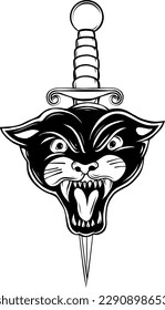 monochrome black panther head and dagger tattoo, vector