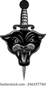 monochrome black panther head and dagger tattoo, vector