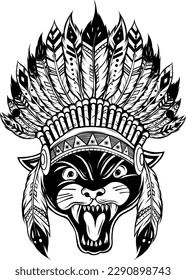 monochrome Black panther, puma. Head of animal. Wild cat portrait. Indian headdress with feathers.