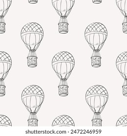 Monochrome black seamless pattern with hot air balloons. Endless background with contour of air transport hand drawn ink. Theme of journey drawn vector graphic line. Airship black white outline