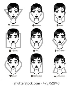 Monochrome black set of different woman's face shapes. Nine female face forms: square and v-triangle, a-triangle and round, long and diamond, rectangle and heart, oval. Vector illustration