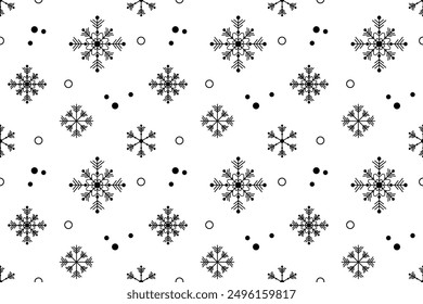 Monochrome black snowflakes dots seamless vector pattern packaging paper Textile Wrapping paper Napkin Winter holiday design Isolated background December mood New Year day Christmas time Xmas season