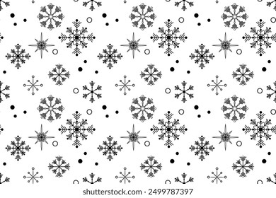 Monochrome black snowflakes dots seamless vector pattern for packaging paper Textile Wrapping paper Napkin Winter holiday design Isolated background December mood New Year Christmas time Xmas season