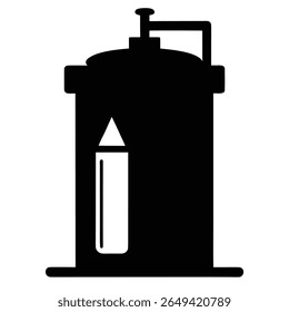A monochrome black solid icon of a fuel tank exhibits minimal structure on a white backdrop. The tank's design incorporates a slender, cylindrical indicator with pointed end.