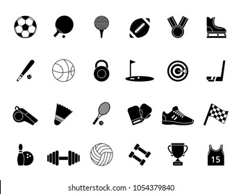 Símbolos deportivos negros monocromos. Serie de imágenes vectoriales de voleibol y baloncesto, golf y fútbol