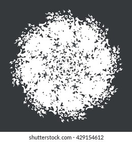 Monochrome black and white abstract background with torn edges. Uneven strokes with small particles at edges. Round ornament with chaotic small particles