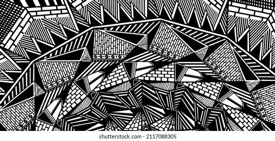 monochrome black and white background with geometric concentric shapes, hand drawn, vector illustration