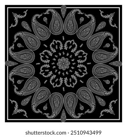 Schwarzweiß oder bandana mit paisley Mandala-Muster und floralen Elementen. Ethnisches Teppichdesign.