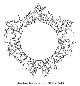 Monochrome black and white branches with leaves arranged in a circle like a frame. Rectangular frame for postcards, greetings, save the date, wedding invitations isolated on white background.