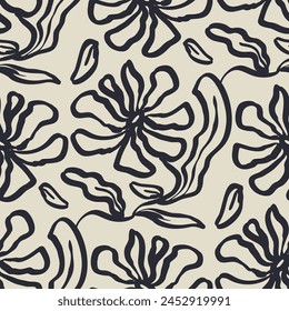 Monochrome black and white brush strokes inky flowers seamless pattern. Abstract floral contemporary background.