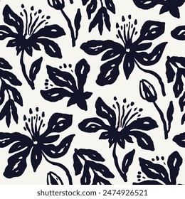 Monochrome black and white brush strokes inky flowers seamless pattern. Abstract floral contemporary background.