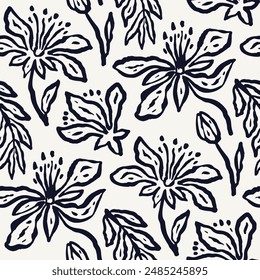 Monochrome black and white brush strokes inky flowers seamless pattern. Abstract floral contemporary background.