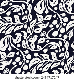 Monochrome black and white brush strokes inky flowers seamless pattern. Abstract floral contemporary background.