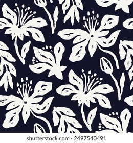 Monochrome black and white brush strokes inky flowers seamless pattern. Abstract floral contemporary background.