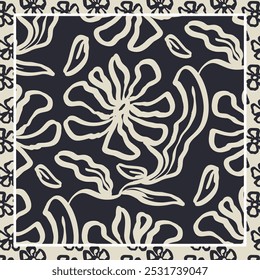 Monocromático preto e branco escova traços lenço flores de tinta ou design bandana. Resumo floral contemporâneo.