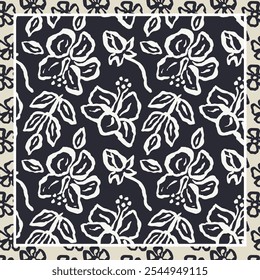 Monochrome black and white brush strokes inky hibiscus flowers scarf or bandana design. Abstract floral contemporary minimalist background.