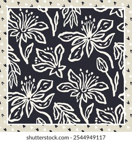 Monochrome black and white brush strokes inky flowers scarf or bandana design. Abstract floral contemporary minimalist background.