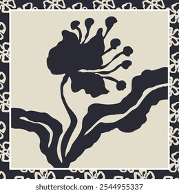 Monocromo negro y blanco pinceladas flores de tinta bufanda o diseño de bandana. Abstractas fondo floral minimalista contemporáneo.